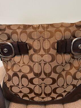 Coach Khaki Signature Canvas Crossbody with Dark Brown Leather Trim